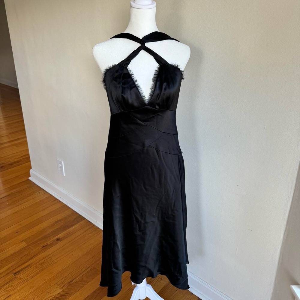 Allen Schwartz black satin midi dress with low back and cross front